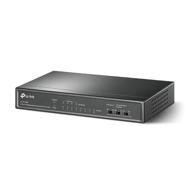 Close-up view of the front panel interface on the TP-Link TL-SF1008P showing 4 standard Ethernet ports, 4 dedicated PoE ports, and status LED display lights.