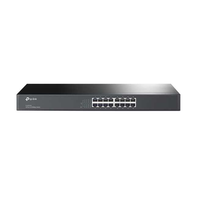 TP-Link TL-SF1016 16-Port 10/100Mbps rackmount desktop switch showing the front panel with ethernet ports and LED indicators.