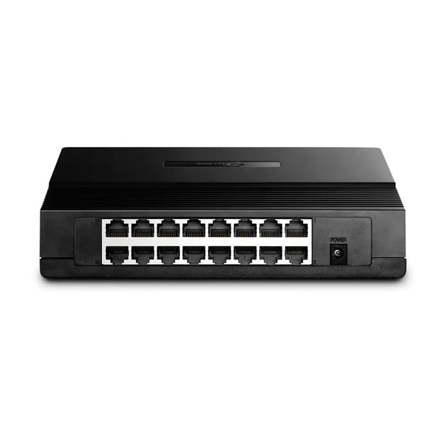 TP-Link TL-SF1016D 16-port 10/100Mbps Fast Ethernet desktop switch front view showcasing its compact plastic housing and brand logo.