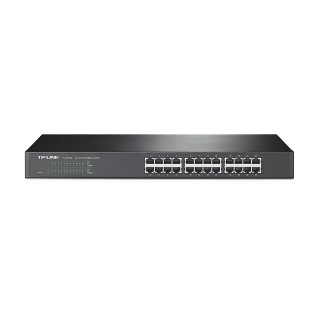 TP-Link TL-SF1024 24-port 10/100Mbps Fast Ethernet rackmount unmanaged switch front view showcasing its durable steel housing and port array.