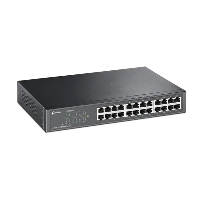 Close-up view of the 24 Fast Ethernet RJ45 ports and green system LED status display lights on the TP-Link TL-SF1024 rackmount switch.