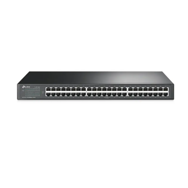 Full front view of the TP-Link TL-SF1048 48-port Fast Ethernet rackmount switch, featuring 48 RJ45 ports arranged in a dual-row layout with status LED indicators.
