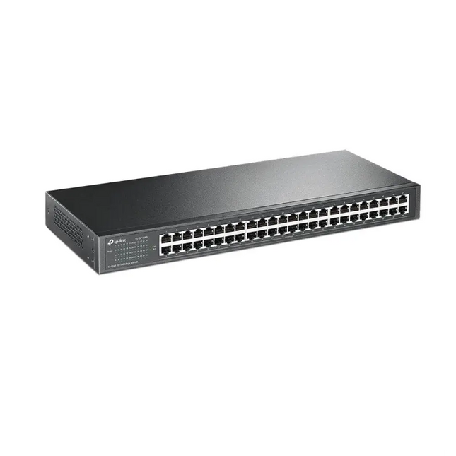 Isometric perspective of the TP-Link TL-SF1048 unmanaged switch, showcasing its durable 19-inch rackmountable steel housing designed for business networks.