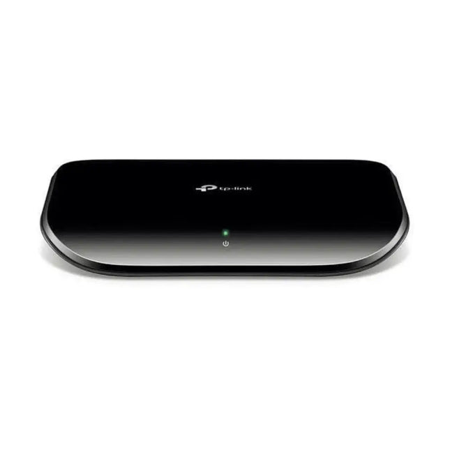 TL-SG1005D 5-port gigabit desktop switch in a black plastic housing featuring green LED status indicator lights on the front panel.