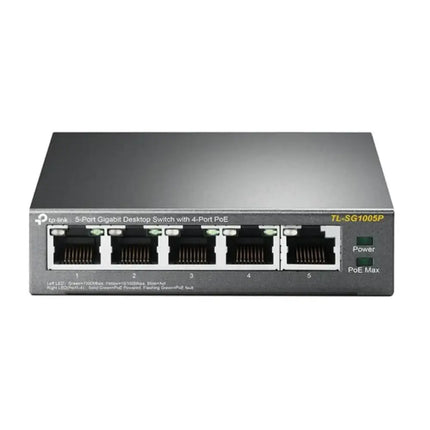 TP-Link TL-SG1005LP 5-port gigabit desktop network switch featuring 4 PoE+ ports in a compact black metal casing.