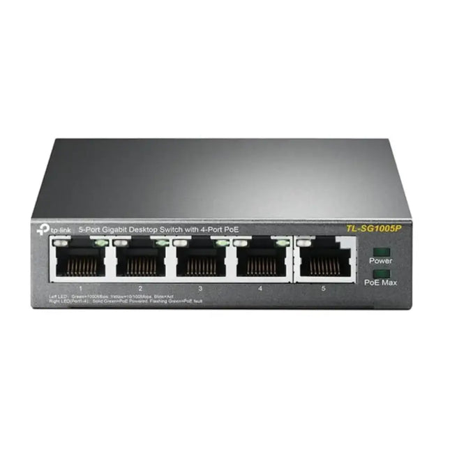 TP-Link TL-SG1005LP 5-port gigabit desktop network switch featuring 4 PoE+ ports in a compact black metal casing.