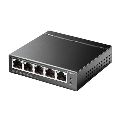 Close-up front panel view of the TP-Link TL-SG1005LP switch, highlighting 4 dedicated PoE+ RJ45 ports, 1 gigabit uplink port, and LED traffic indicators.