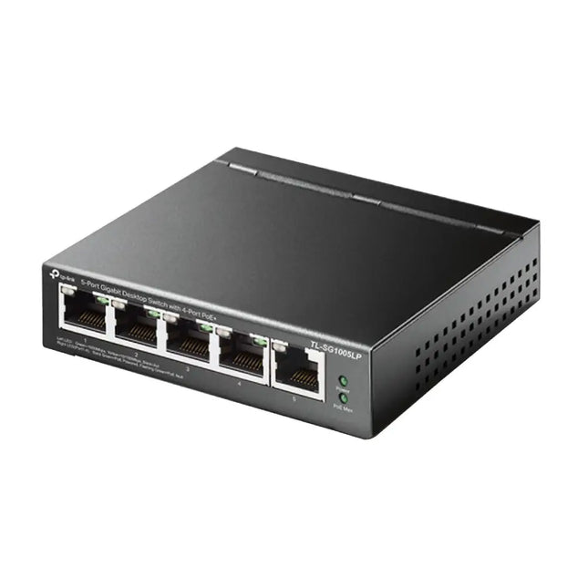 Close-up front panel view of the TP-Link TL-SG1005LP switch, highlighting 4 dedicated PoE+ RJ45 ports, 1 gigabit uplink port, and LED traffic indicators.