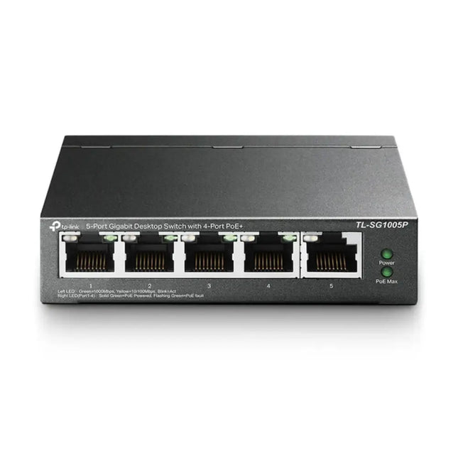 Front view of the TP-Link TL-SG1005P 5-port Gigabit desktop switch, showcasing it