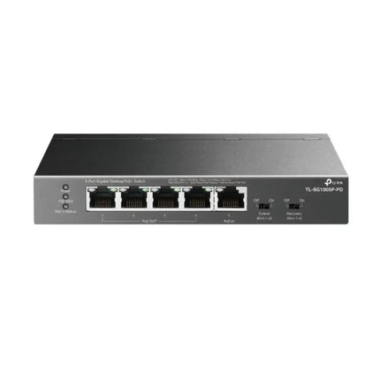 Front view of the TP-Link TL-SG1005P-PD 5-port Gigabit desktop PoE switch, showcasing t