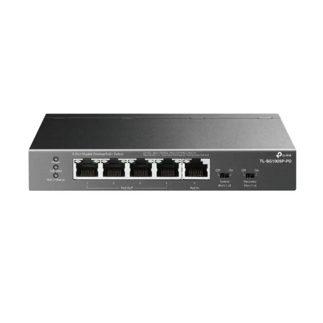Front view of the TP-Link TL-SG1005P-PD 5-port Gigabit desktop PoE switch, showcasing t