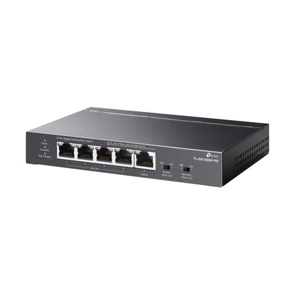 Isometric view of the TP-Link TL-SG1005P-PD 5-port gigabit switch, highlighting its compact, fanless metal casing for silent desktop operation.