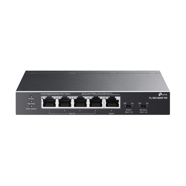 Front panel of the TP-Link TL-SG1005P-PD 5-Port Gigabit switch, showing 1 PoE input port (PD) and 4 PoE output ports with status LEDs.