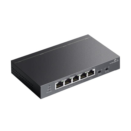 The TP-Link TL-SG1005P-PD PoE switch used as a range extender, showing it running entirely on PoE power without being plugged into an electrical wall socket.
