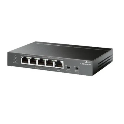 Close-up view of the ports on the TP-Link TL-SG1005P-PD unmanaged switch, highlighting the 1-port Gigabit PoE++ input and 4-port Gigabit PoE+ output configuration.