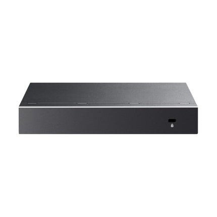 Rear and bottom profile of the TP-Link TL-SG1005P-PD gigabit desktop switch, showing wall-mounting slots and the grounding terminal.