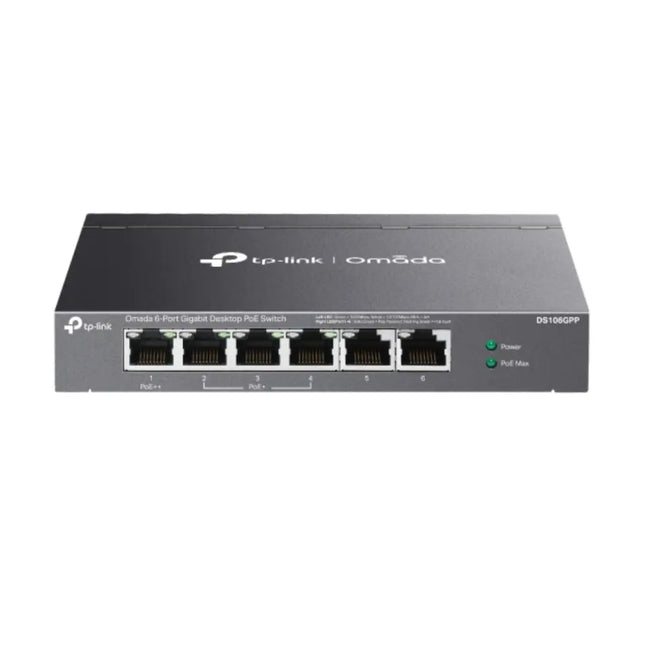 Front panel interface of the TP-Link TL-SG1006PP unmanaged desktop switch showing 6 Gigabit RJ45 ports, highlighting one 60W PoE++ port, three 30W PoE+ ports, and dual uplink ports.
