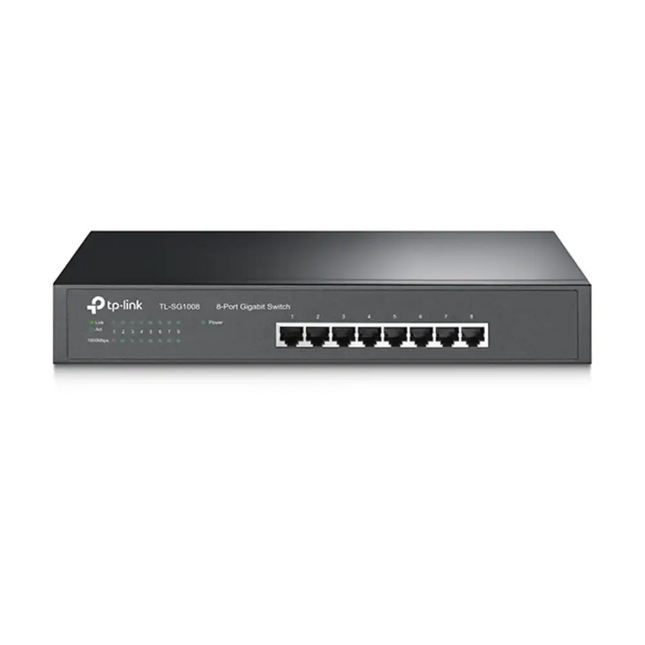 Front view of the TP-Link TL-SG1008 8-port gigabit unmanaged desktop and rackmount switch, featuring an 11-inch durable steel casing and LED link indicators for each port.