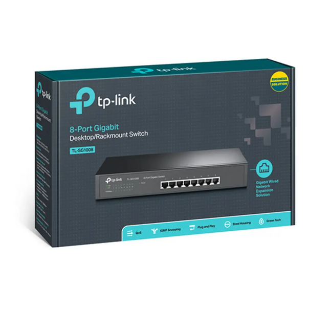 Close-up view of the TP-Link TL-SG1008 switch with included rackmount brackets attached, demonstrating standard 19-inch server rack compatibility.