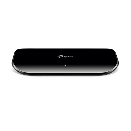 Front view of the TP-Link TL-SG1008D unmanaged desktop switch featuring eight gigabit Ethernet ports and a sleek, compact black plastic housing.