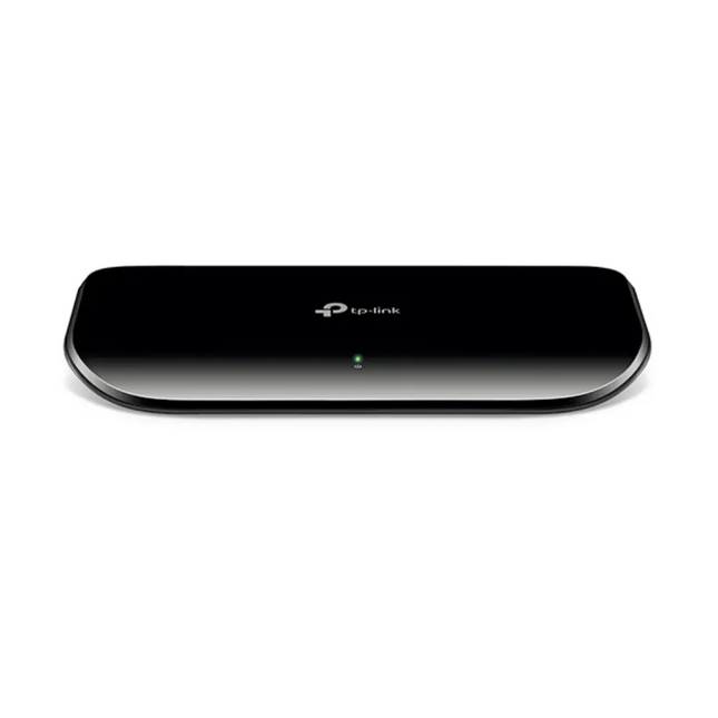 Front view of the TP-Link TL-SG1008D unmanaged desktop switch featuring eight gigabit Ethernet ports and a sleek, compact black plastic housing.