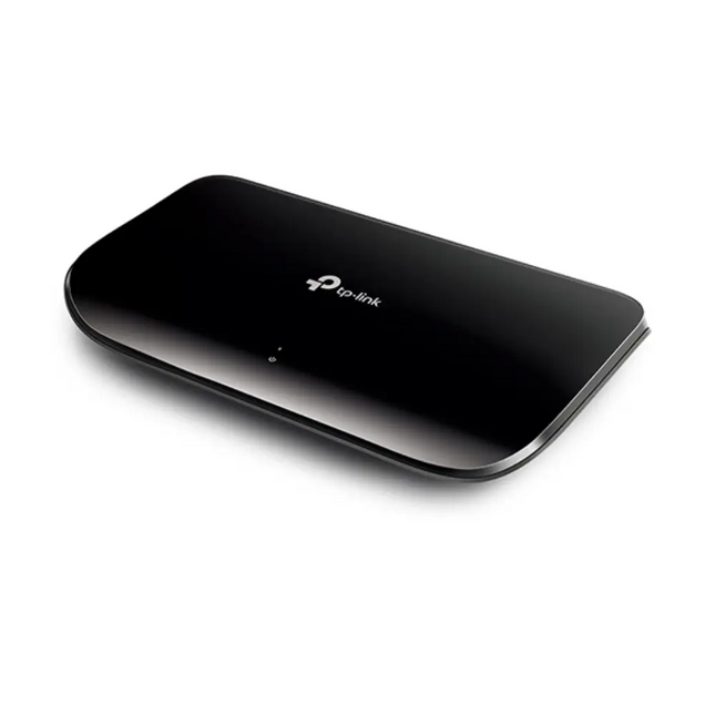 Angled side view of the TP-Link TL-SG1008D 8-port gigabit switch highlighting its modern, fanless design for silent desktop operation in home or small offices.
