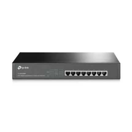 Front panel view of the TP-Link TL-SG1008MP unmanaged network switch, displaying 8 Gigabit Ethernet PoE+ ports and a comprehensive LED diagnostic matrix.