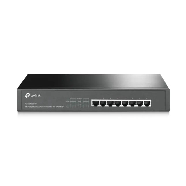 Front panel view of the TP-Link TL-SG1008MP unmanaged network switch, displaying 8 Gigabit Ethernet PoE+ ports and a comprehensive LED diagnostic matrix.