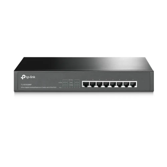 Front view of the TP-Link TL-SG1008MP unmanaged gigabit switch showing eight RJ45 ports, with all eight ports supporting the 802.3af/at PoE+ standard, housed in a rackmountable metal chassis.