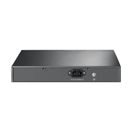 Rear panel of the TP-Link TL-SG1008MP desktop switch showing the built-in standard AC power socket and grounding terminal point.