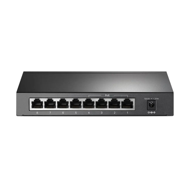 TP-Link TL-SG1008P PoE switch connected to IP security cameras in a small office network installation