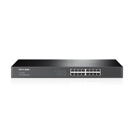 TP-Link TL-SG1016D 16-port gigabit desktop rackmount unmanaged switch front view showing the steel housing and RJ45 ports.