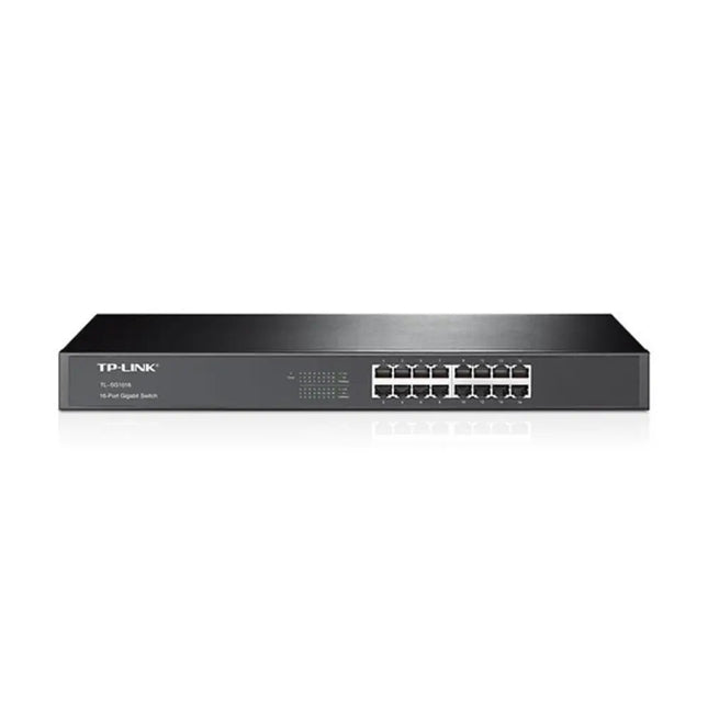 TP-Link TL-SG1016D 16-port gigabit desktop rackmount unmanaged switch front view showing the steel housing and RJ45 ports.