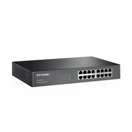 Close-up view of the 16 gigabit Ethernet ports and status LED indicators on the TP-Link TL-SG1016D network switch.