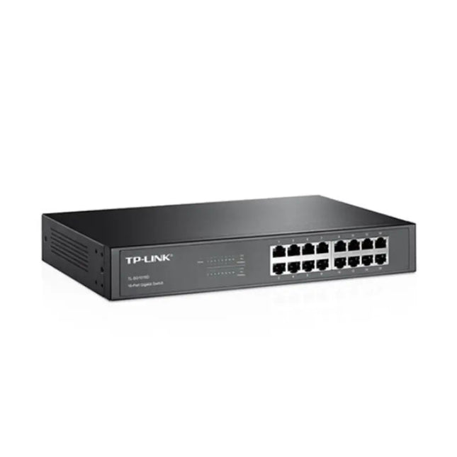 Close-up view of the 16 gigabit Ethernet ports and status LED indicators on the TP-Link TL-SG1016D network switch.