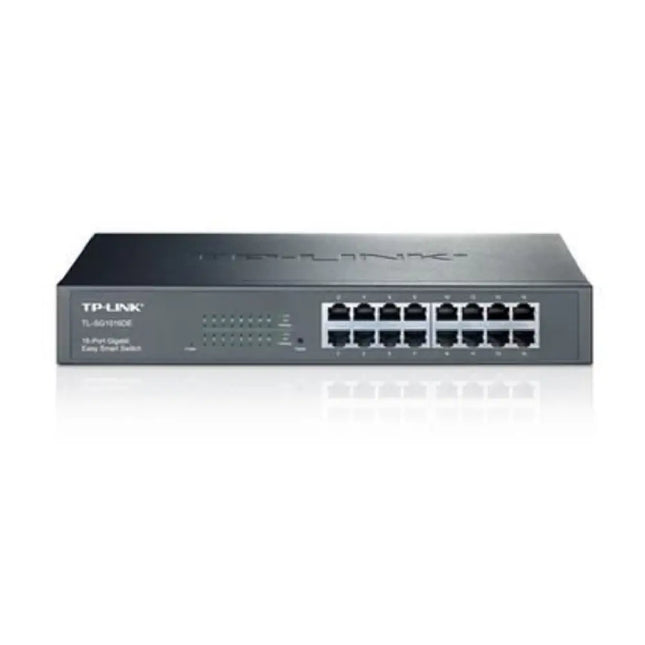 TP-Link TL-SG1016DE 16-port gigabit easy smart desktop rackmount switch front view showcasing the metallic chassis and RJ45 ports.