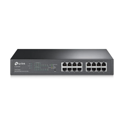 Front view of the TP-Link TL-SG1016PE 16-port Gigabit Easy Smart switch showing the metallic dark grey chassis, status LEDs, and port layout.