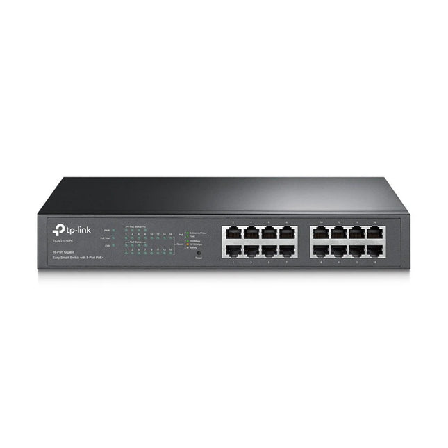 Front view of the TP-Link TL-SG1016PE 16-port Gigabit Easy Smart switch showing the metallic dark grey chassis, status LEDs, and port layout.