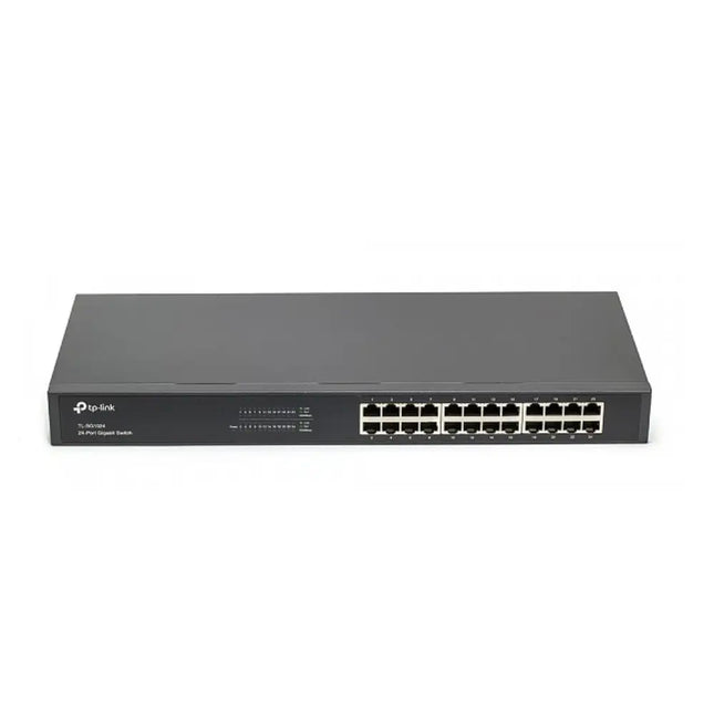 Front view of the TP-Link TL-SG1024 24-port Gigabit unmanaged switch, displaying the 24 10/100/1000Mbps RJ45 ports and LED status indicator panel.