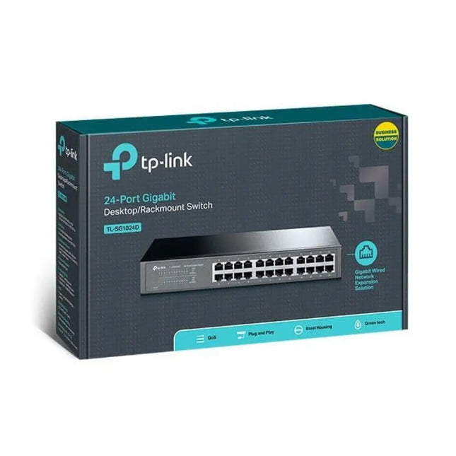 Three-quarter isometric view of the TP-Link TL-SG1024 Gigabit switch, highlighting its rackmountable 19-inch metal housing designed for server racks.
