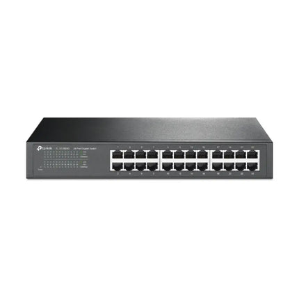TP-Link TL-SG1024D 24-port gigabit desktop rackmount unmanaged switch front view showcasing the metal housing and RJ45 ports.