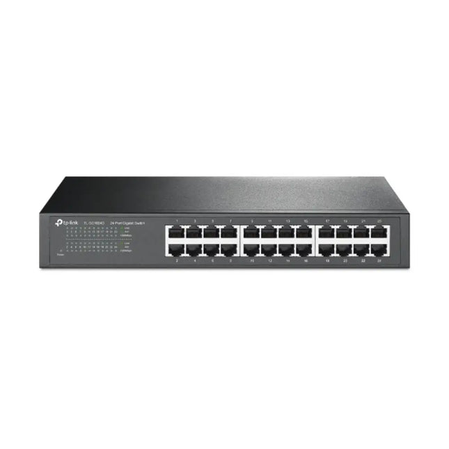 TP-Link TL-SG1024D 24-port gigabit desktop rackmount unmanaged switch front view showcasing the metal housing and RJ45 ports.
