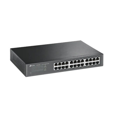 Close-up view of the 24 gigabit Ethernet ports and status LED indicators on the TP-Link TL-SG1024D switch.