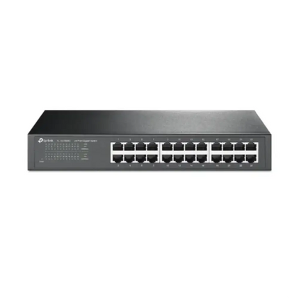 Front view of the TP-Link TL-SG1024DE 24-port Gigabit Easy Smart Switch showing the rackmount steel casing and numbered Ethernet ports with LED status indicators.