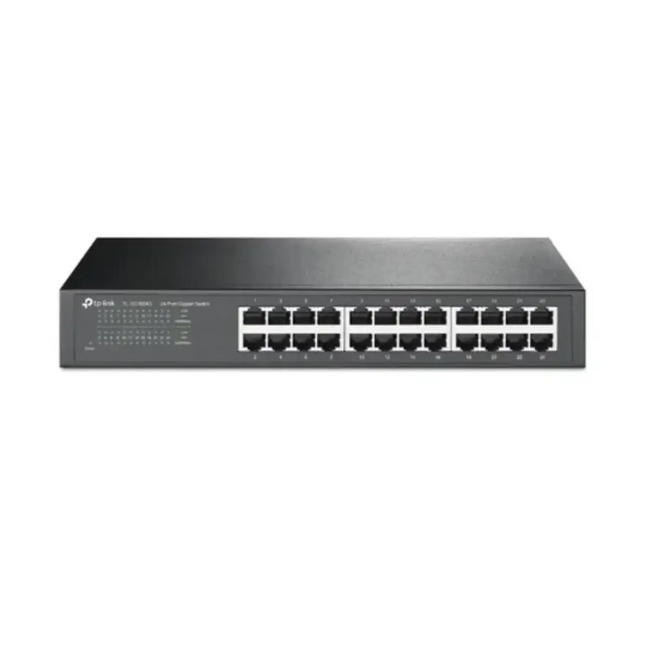 Front view of the TP-Link TL-SG1024DE 24-port Gigabit Easy Smart Switch showing the rackmount steel casing and numbered Ethernet ports with LED status indicators.