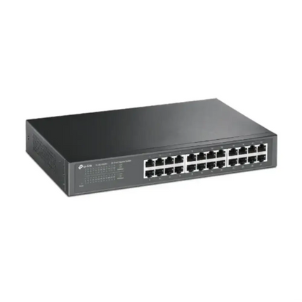 Rear view of the TP-Link TL-SG1024DE 24-port switch highlighting the AC power socket, grounding terminal, and Kensington security slot.