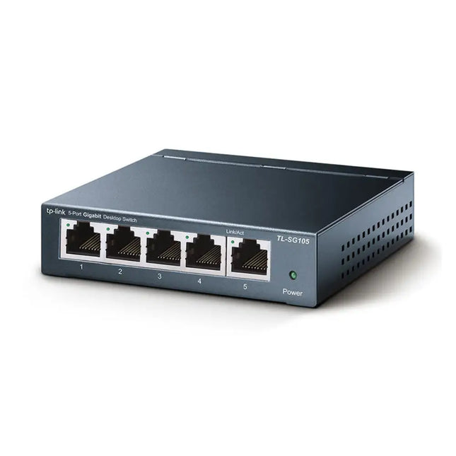 Rear view of the TP-Link 5-port gigabit unmanaged switch showing the five 10/100/1000Mbps RJ45 ports and shield grounding.