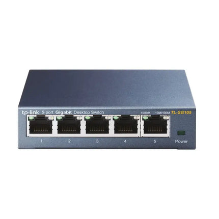 TP-Link TL-SG105 5-port gigabit desktop switch in a rugged, compact metal casing featuring front-panel LED network indicator lights.