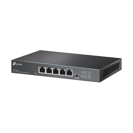 Front view of the TP-Link Australia TL-SG105-M2 5-port 2.5G desktop switch highlighting the durable metal casing and RJ45 ports.