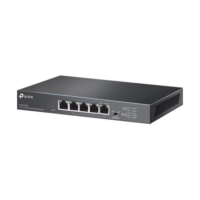 Front view of the TP-Link Australia TL-SG105-M2 5-port 2.5G desktop switch highlighting the durable metal casing and RJ45 ports.